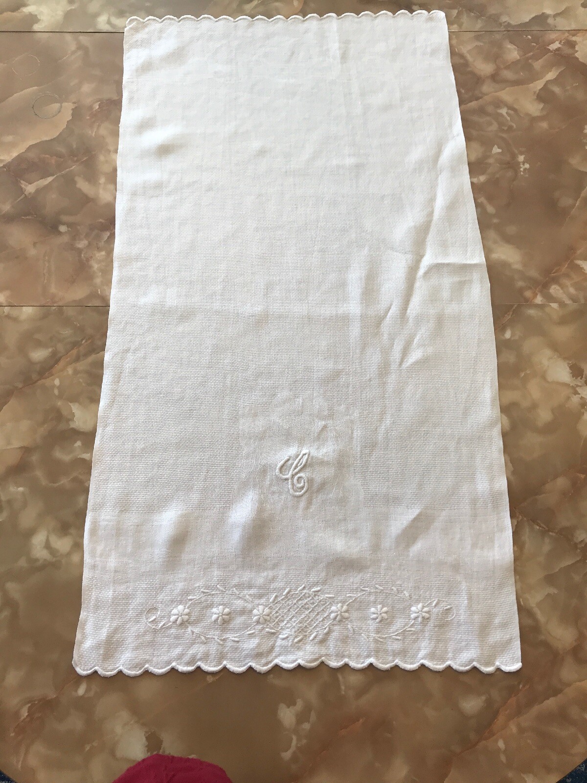 Vintage Antique Large Hand Towel, Embroidered, Monogrammed C, White, 19 x 30