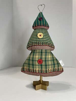 Hallmark Vintage 14'' Patchwork fabric Stuffed Christmas Tree Wood Star Base
