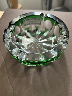1900's SAINT LOUIS AMBASSADEUR ASHTRAY GREEN CLEAR CUT CRYSTAL FRENCH MADE 4.5 