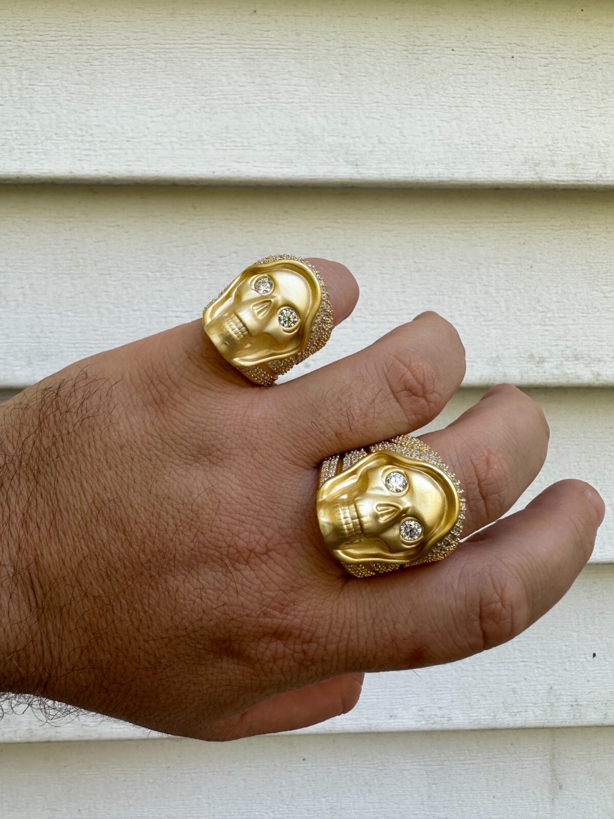 Pre-owned Silver Moissanite Iced Heavy Death Skull Ring Matte Real 14k Gold Over 925  In White