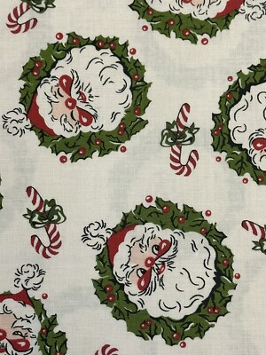 RETRO VINTAGE MY CHILDHOOD CHRISTMAS SANTA IN WREATHS HENRY GLASS FABRIC HALF YD