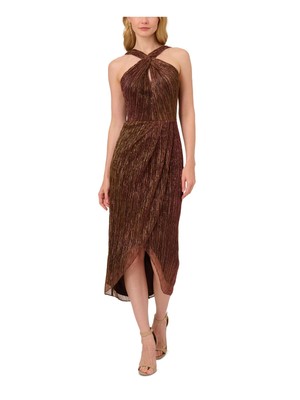 ADRIANNA PAPELL Womens Brown Crinkle-Lined Sleeveless Tea-Length Sheath Dress 14