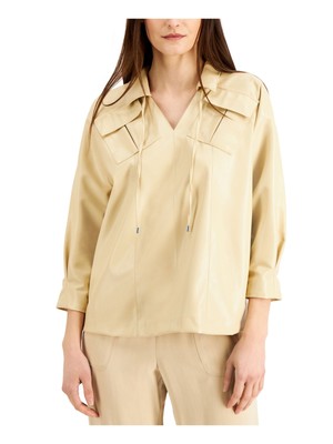 

ALFANI Женский бежевый топ с карманами и завязками на шее, рукавами 3/4, острым воротником