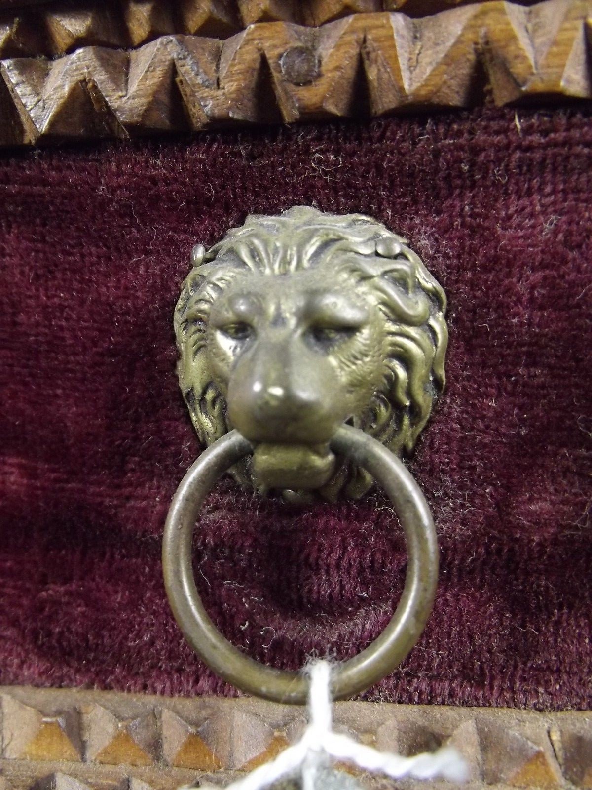 antique TRAMP ART BOX chest 1800's wooden primitive art sewing KEY & LION HEADS