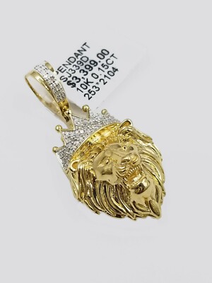 Pre-owned Globalwatches10 Real 10k Yellow Gold Lion Head 1.5" Charm Pendant With Genuine Diamonds