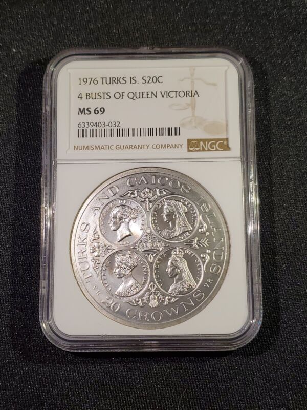 1976 TURKS AND CAICOS ISLANDS 20 CROWNS SILVER PROOF QUEEN VICTORIA - NGC MS 69