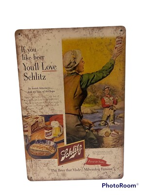 schlitz beer sign Tin Sign Camping Fishing Rustic Design Brand New Man cave Bar