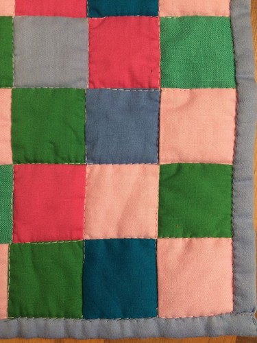 Post Stamp Hand Quilted Amish Colors Doll Quilt Bound and Backed in Blue 10 X 10