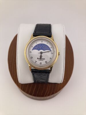 Vtg Armitron Unisex 32mm Watch Gold Tone Moonphase Leather Band 20/2160 - RUNS