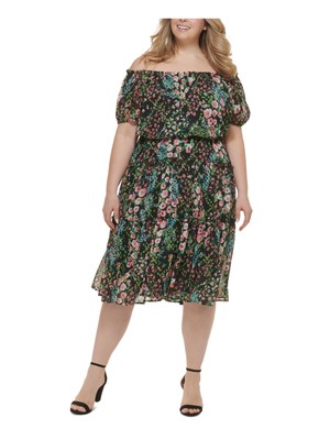 TOMMY HILFIGER Womens Black Lined Short Sleeve Midi Fit + Flare Dress Plus 16W