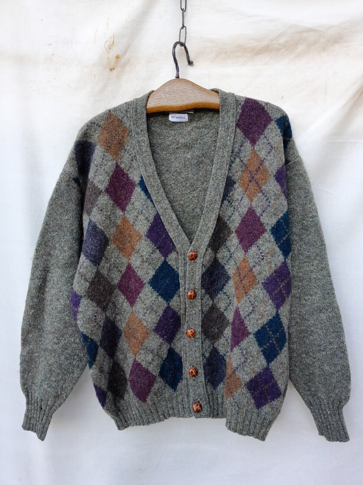 Genfins Cardigan Men's Large Green Shetland Wool Intersia Genfins Cardigan Men's Large Green Shetland Wool Intersia