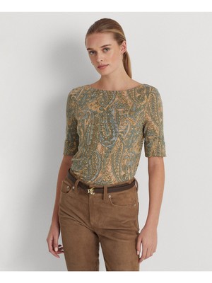 

RALPH LAUREN Женская бежевая облегающая футболка с вырезом «лодочка» и рукавами до локтя, Бежевый