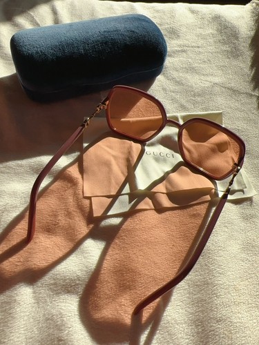 Pre-owned Gucci Gg0890s 003 Women's Pink Frame / Orange Lens Sunglasses