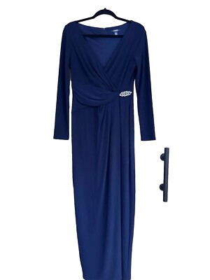 Chaps Ralph Lauren Evening Dress Women 8 Maxi Navy Blue Gown Long Sleeve Broach