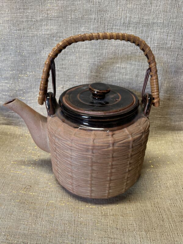 Vintage Chinese Red Clay Teapot, Infuser, and Bamboo Handle