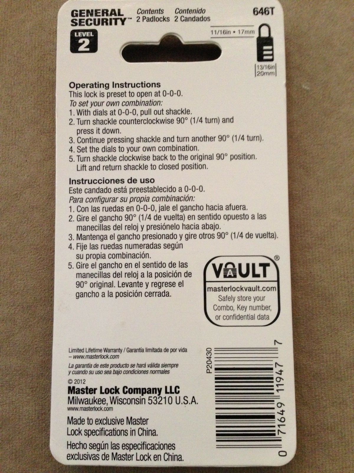 Masterlock General Security™ 2 Combination Padlocks Model # 646T