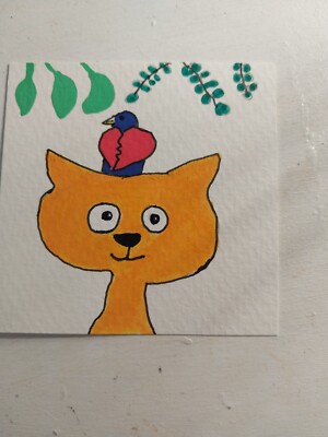 GAT PAINTINGS IMPRESSIONISM ORIGINAL COLLECTIBLE WHIMSICAL ANIMALS CAT BIRD