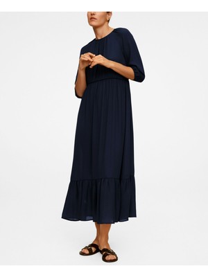 

MNG Женское темно-синее платье прямого кроя миди со сборками и рукавами 3/4 с круглым вырезом и галстуком, Navy