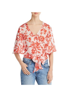 КРАСНЫЙ МОДНЫЙ женский красный галстук с прозрачным цветочным рисунком, расклешенный рукав, вырез горловины, топ с запахом S