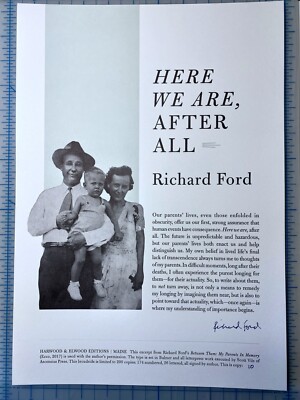 Richard FORD - Signed Broadside - from ''Between Them: Remembering My Parents''