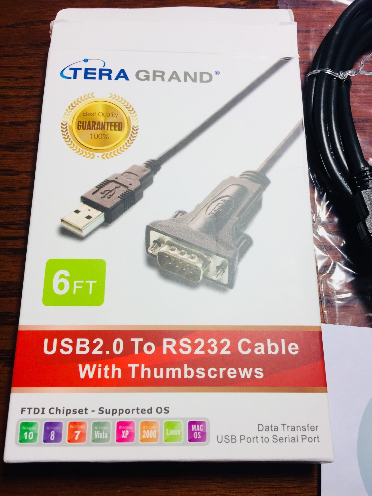 Tera Grand USB 2.0 to RS232 Serial DB9 6' Cable FTDI Win10 - w/ Male Thumbscrews
