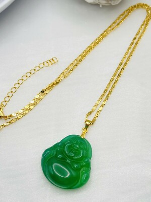 Jade Smiling Buddha Pendant Charm Necklace W/ 18K Gold Plated Chain Handmade