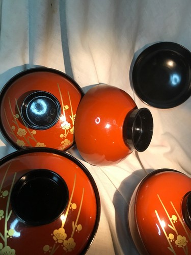 Japanese Vintage Red lacquer ware Makie wooden Soup Bowl 4 Pc. Set Gold Flowers