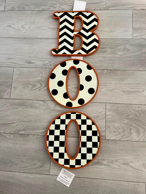 MacKenzie Childs BOO Sign HALLOWEEN WALL DECOR Courtly Stripe Check  NEW +BOX