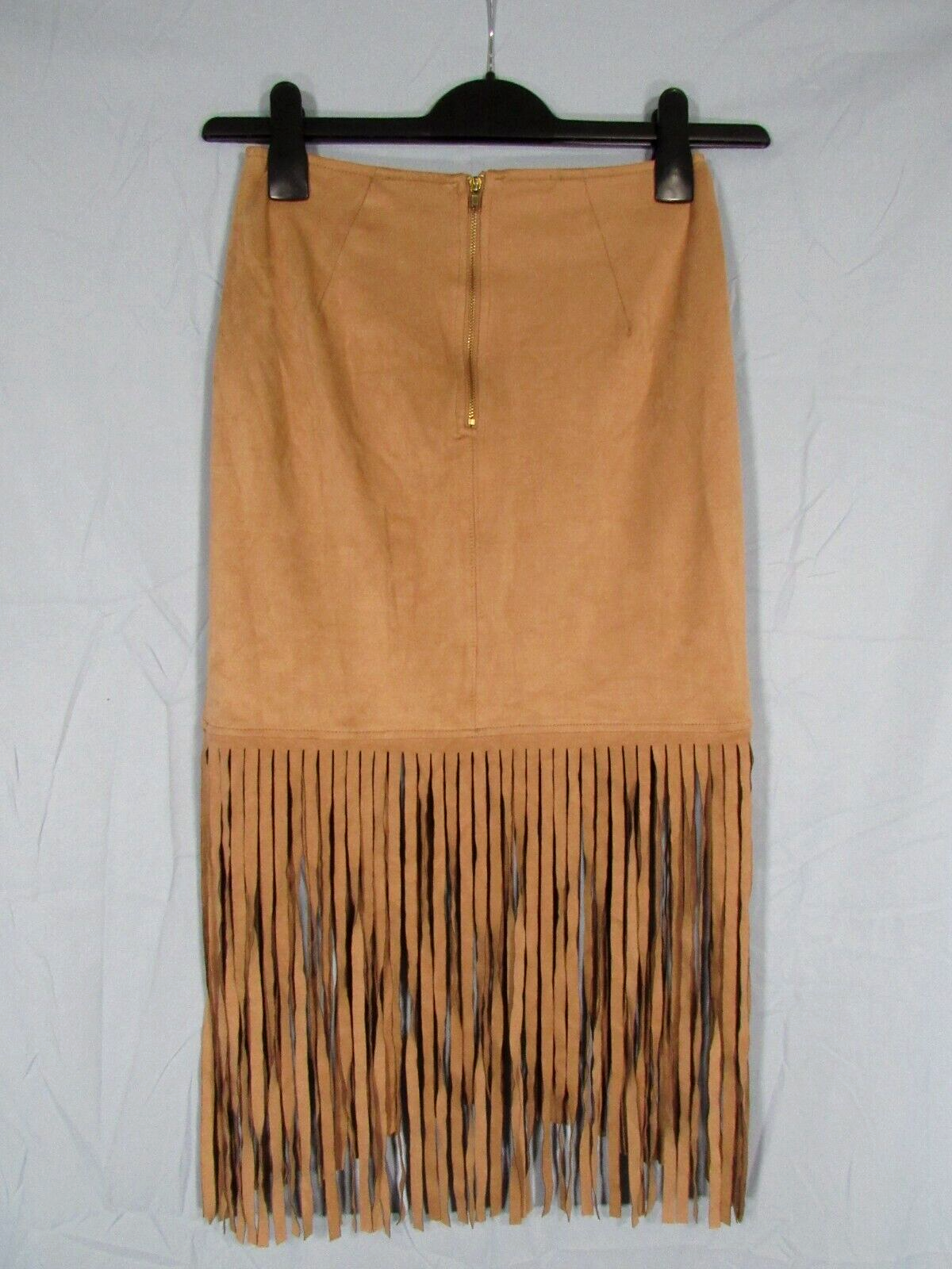 HAUTE MONDE Soft FAUX SUEDE Light Brown FRINGE HEM Straight/Pencil MINI SKIRT S