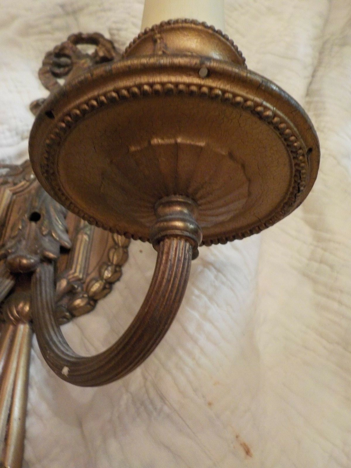 Antique French single 2-Arm Brass Wall Sconce Ribbon, swag and Tassel Motif