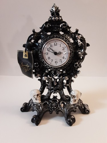 NWT Spooky Night Halloween Mantle Clock Victorian Style Black Silver