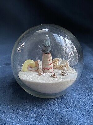 Glass Globe With Lighthouse Sea Shells & Sand Paperweight Home Decor