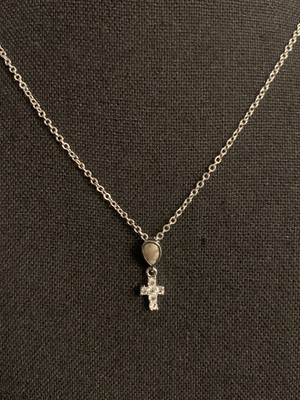 Silver Tone Lovely Tiny Cross Rhinestones Abalone Charm Pendant Necklace