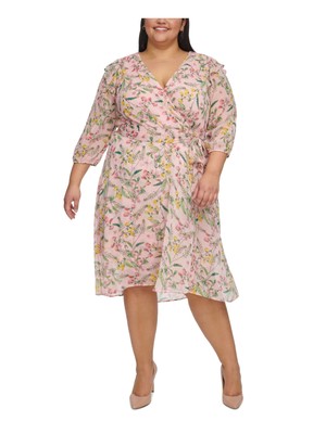 TOMMY HILFIGER Womens Pink Lined Belted Balloon Sleeve Faux Wrap Dress Plus 14W