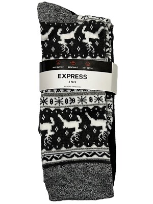 NWT EXPRESS Men's 3 Pack Socks Shoe Size 8-13 Gray Black White Reindeer Dots #E1