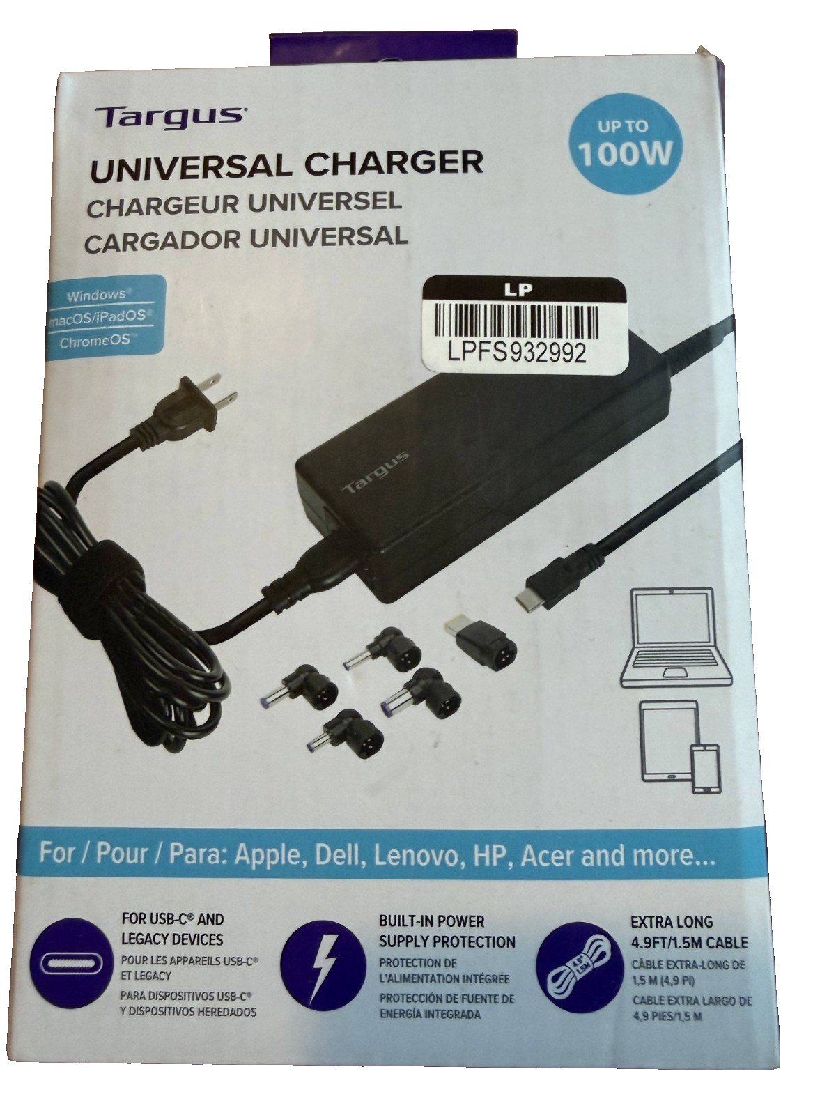 Targus 100W Universal Charger USB-C & Legacy Laptop Power Adapter APM108TT