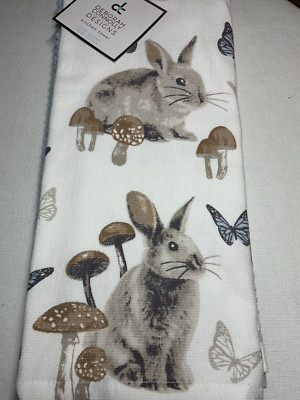 DEBORAH CONNOLLY (3) KITCHEN TOWELS BUNNY RABBITS MUSHROOMS 100% COTTON NWT
