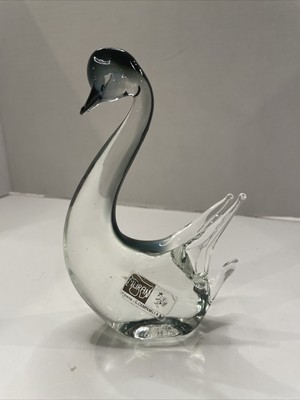 Collectible Glass Green and Clear Glass Swirl Original Murano Sticker Murano Glass Swan Candy or Trinket Dish Tealight Holder Vintage