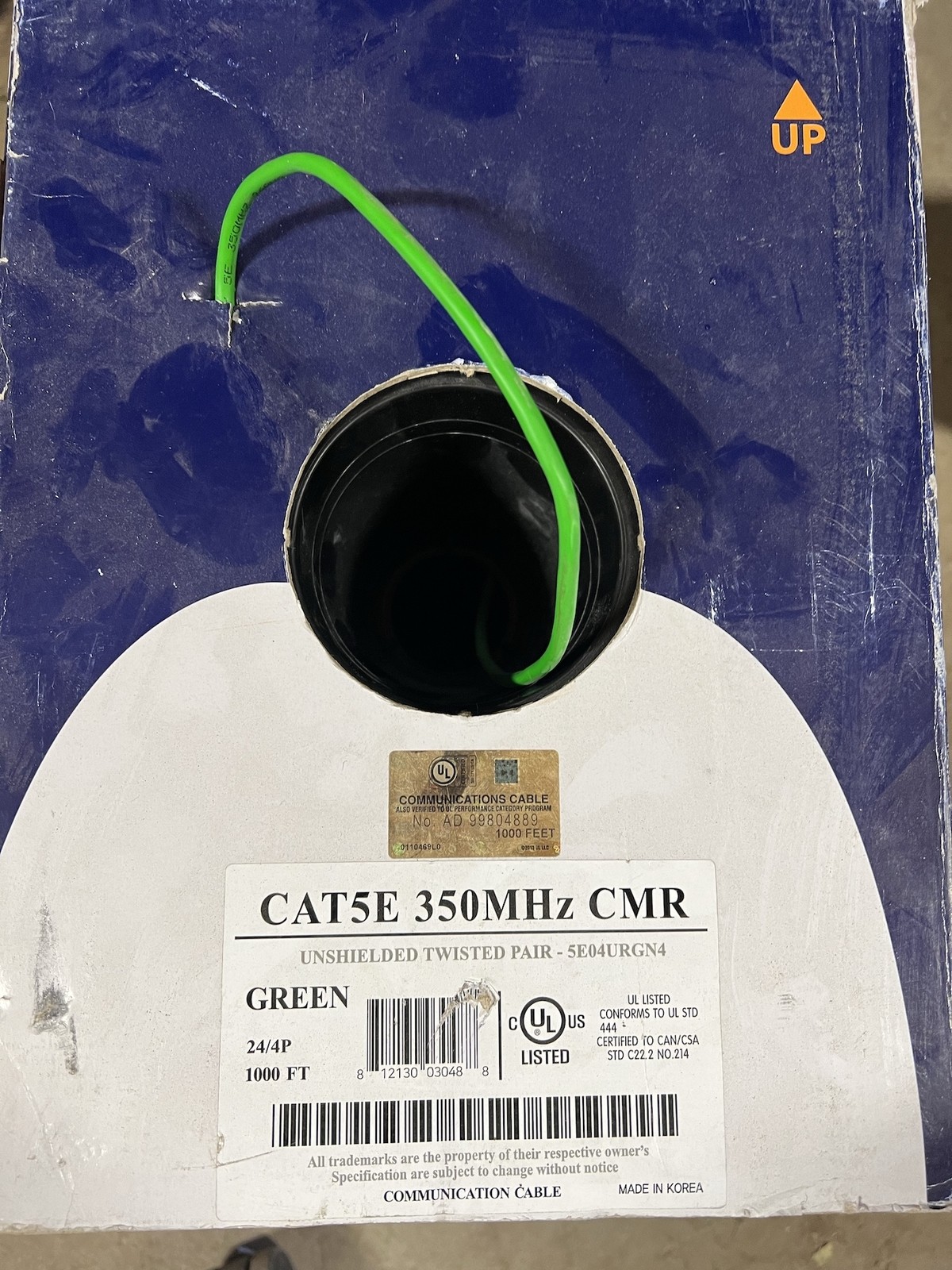 New Open 1000 Foot CAT 5E 350HZ CMR Green 24/4p Communication Ethernet 5E04URGN4