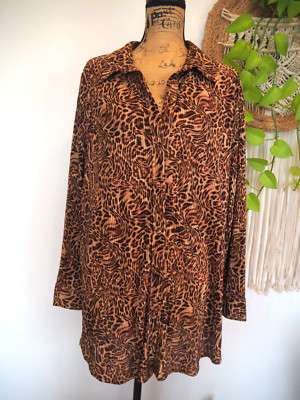 Cheetah Print Leopard  Pleated Georgette LS  Wear to Work Button Front Blouse 3X