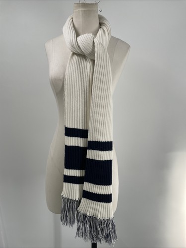GANRYU Striped Pattern Knit Fringed Ivory Navy Blue Muffler