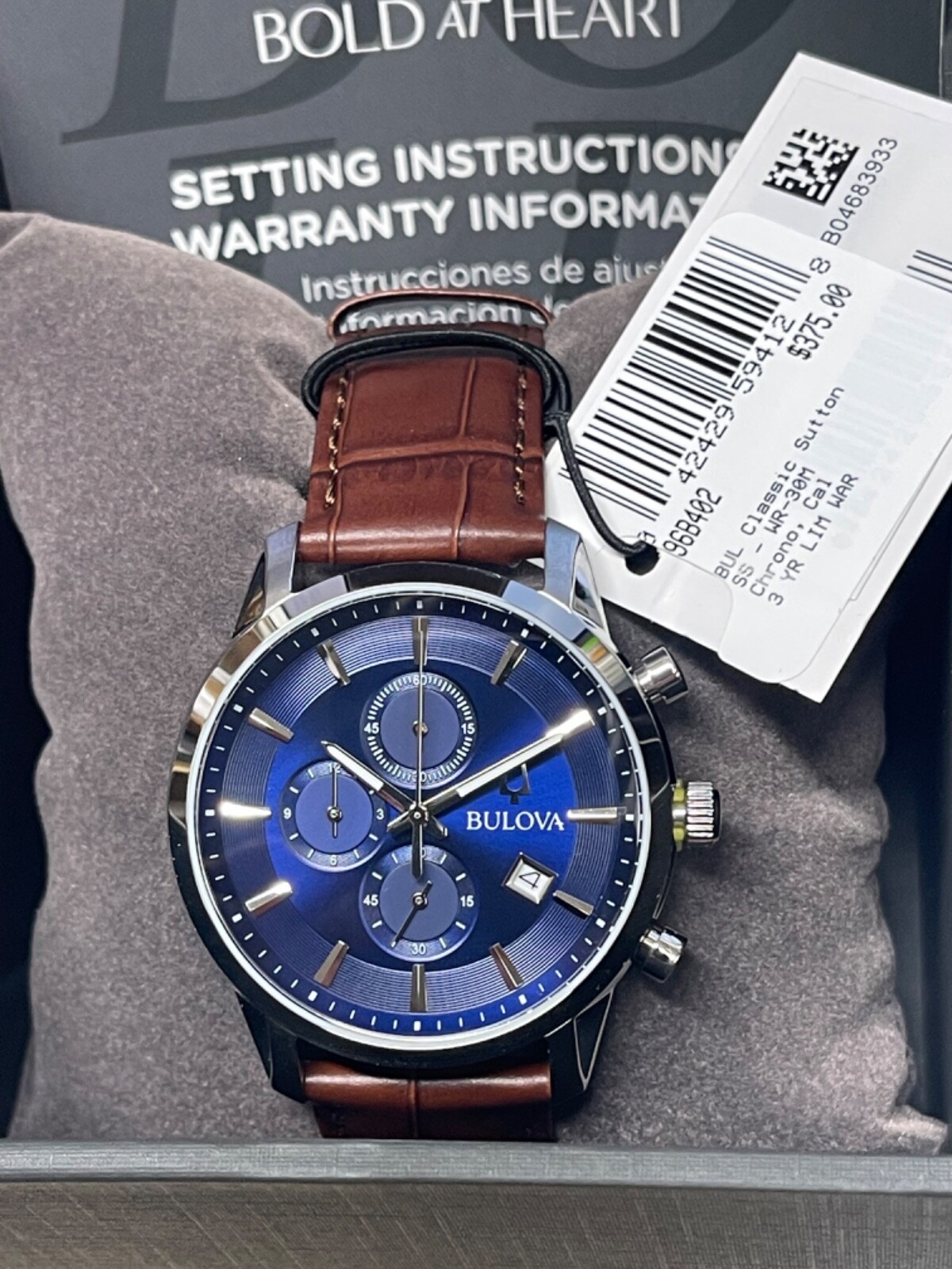 Pre-owned Bulova Sutton Mens Chronograph Blue Dial Stainless Steel Quartz Watch 96b402