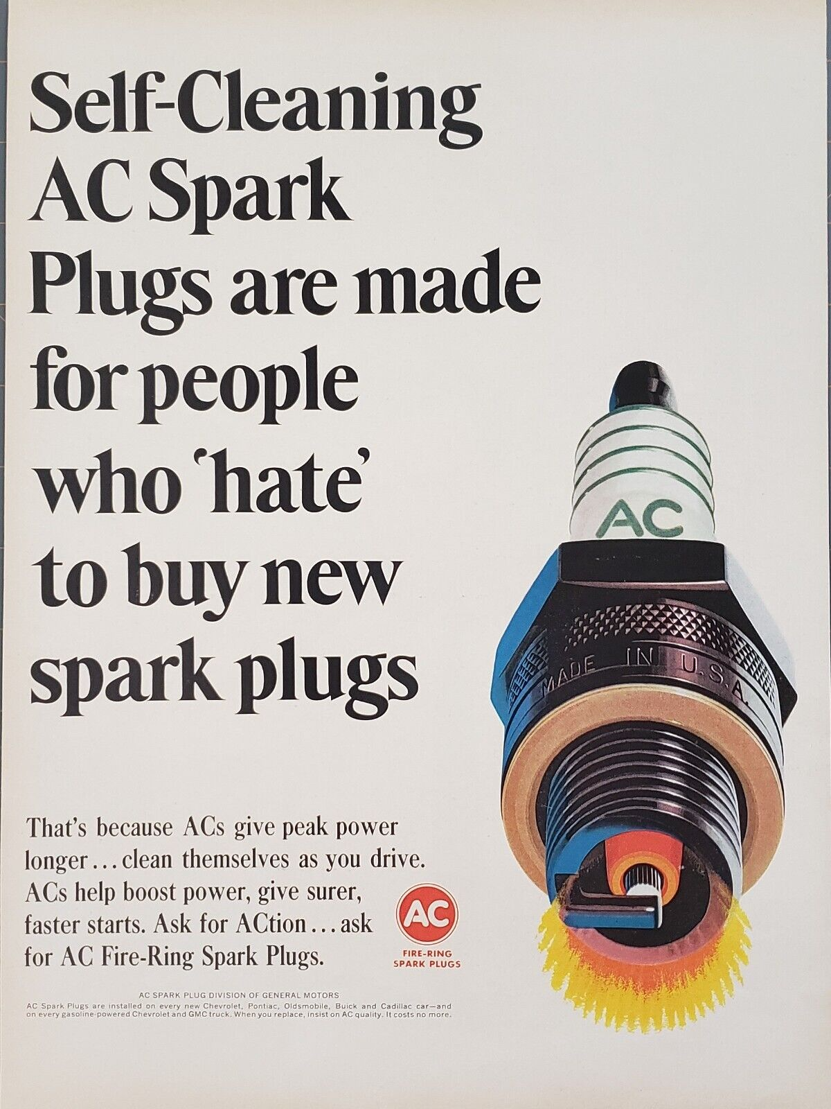 1965 AC Spark Plugs Self Cleaning Gives Peak Power Longer Print Ad