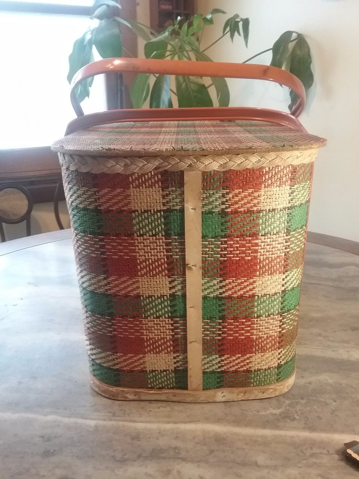 Vintage REDMON  Green/Burnt Orange/Tan Plaid  PICNIC BASKET