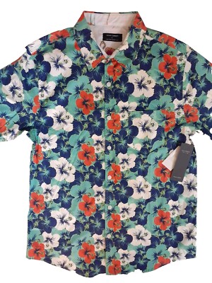 Ocean Current Hawaiian Shirt Mens Large Green Blue Orange White Floral Aloha New
