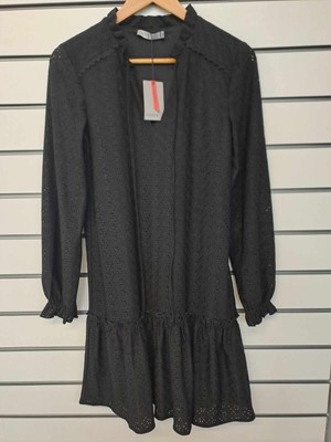OASIS LADIES BRODERIE TIE NECK SKATER DRESS BLACK SIZE 8 (S) (ref 14)
