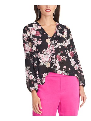 RACHEL RACHEL ROY Womens Black Floral Long Sleeve V Neck Top M