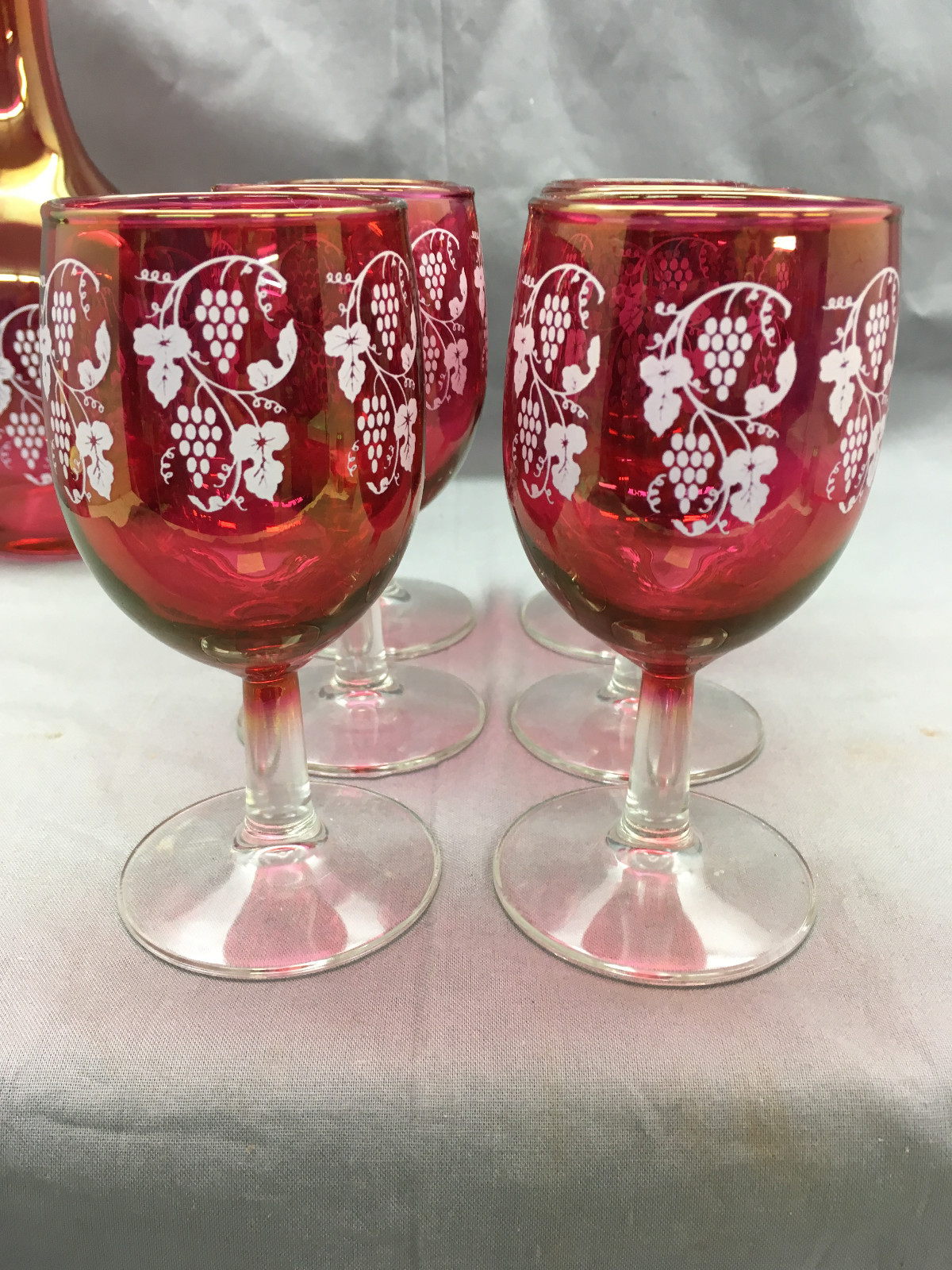 1940's Cranberry Flash Decanter Set 6 Wines Goblets Grape Clusters Stopper