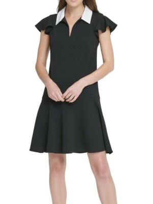 

DKNY Womens Black Contrast Collar Flutter Split Short Party Fit + Flare Dress, Черный