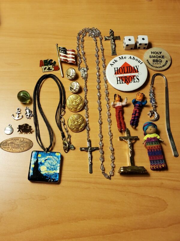 Junk Drawer Lot Of Miscellaneous Stuff Rosary Jewlery Bookmark pins Buttons